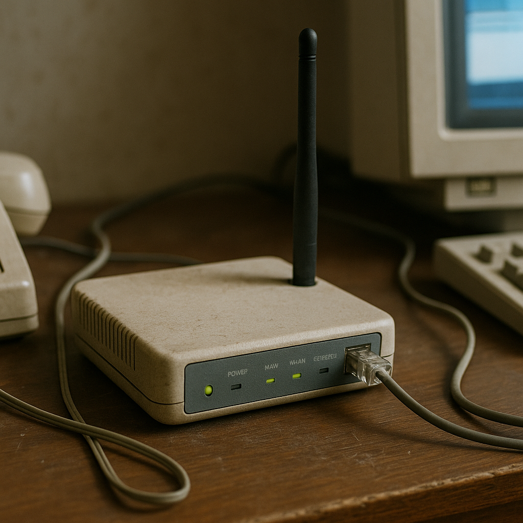 Image: Photo or sketch of an old Wi-Fi
router connected to a phone line and a single computer.
