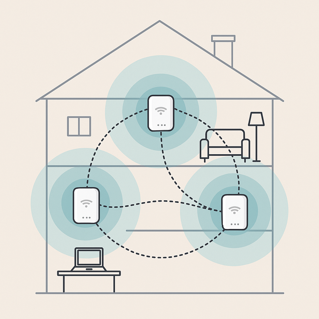 Image: Infographic showing a modern home with
multiple connected devices: TV, phone, tablet, vacuum, fridge,
thermostat, etc.
