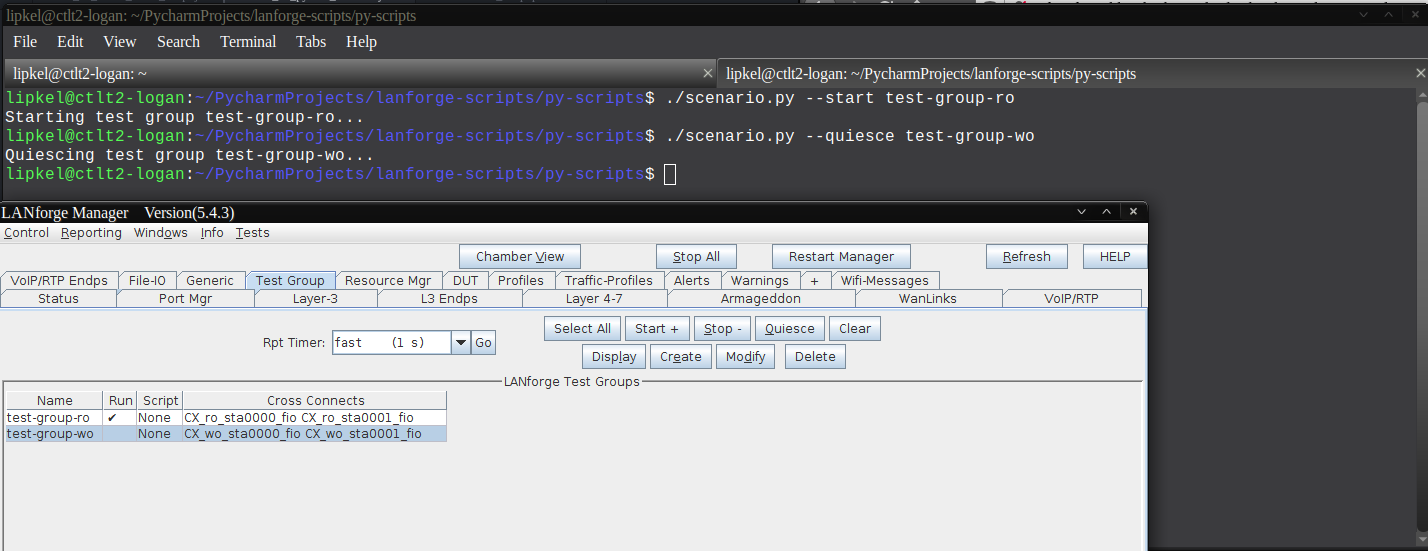 Test Group tab showing test-group-wo being started and quiesced