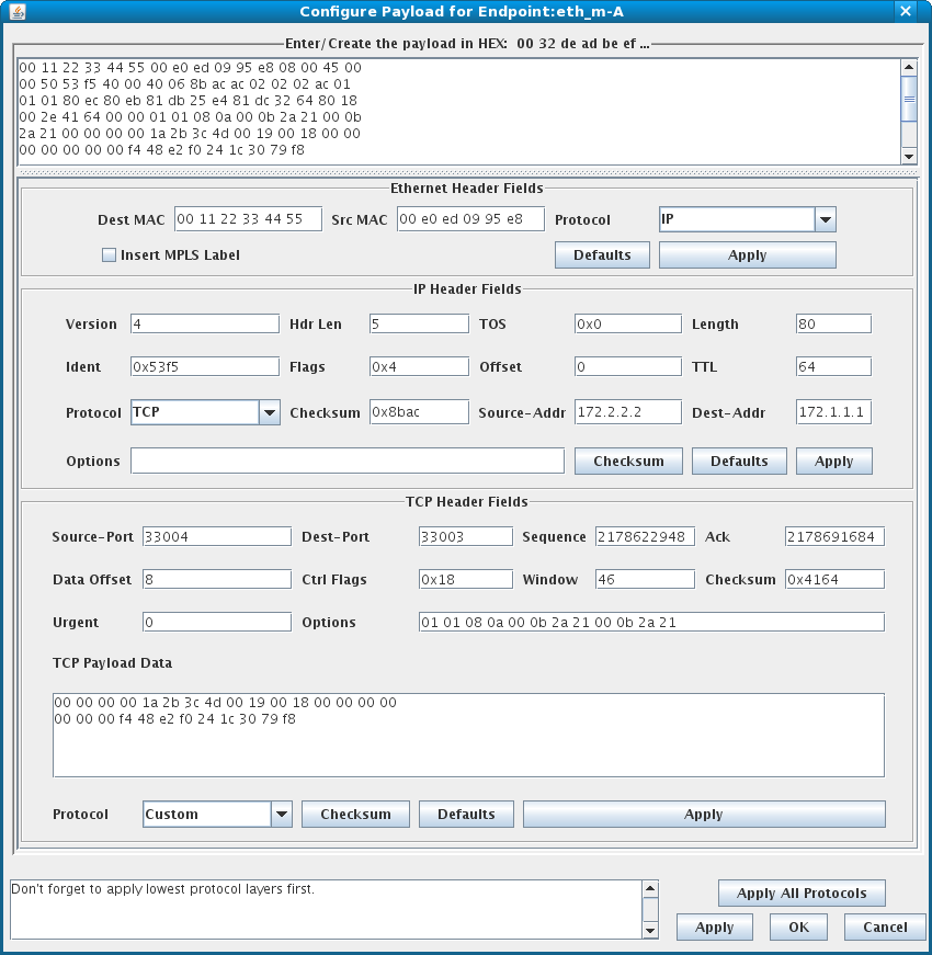 LANforge Custom Ethernet Payload Configuration tool.